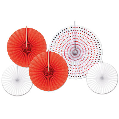 Red and white hanging fan decorations with different sized fans included