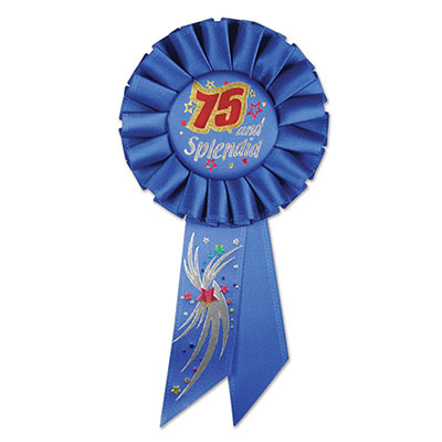 75 & Splendid Blue Rosette with gold, silver and red metallic lettering and swirl/star designs 