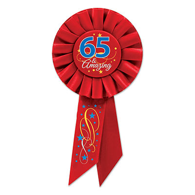 65 & Amazing Red Rosette with bold lettering and swirl/stars designs 
