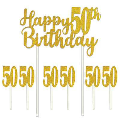  50 Pack Happy Birthday Cake Toppers, Glitter Birthday