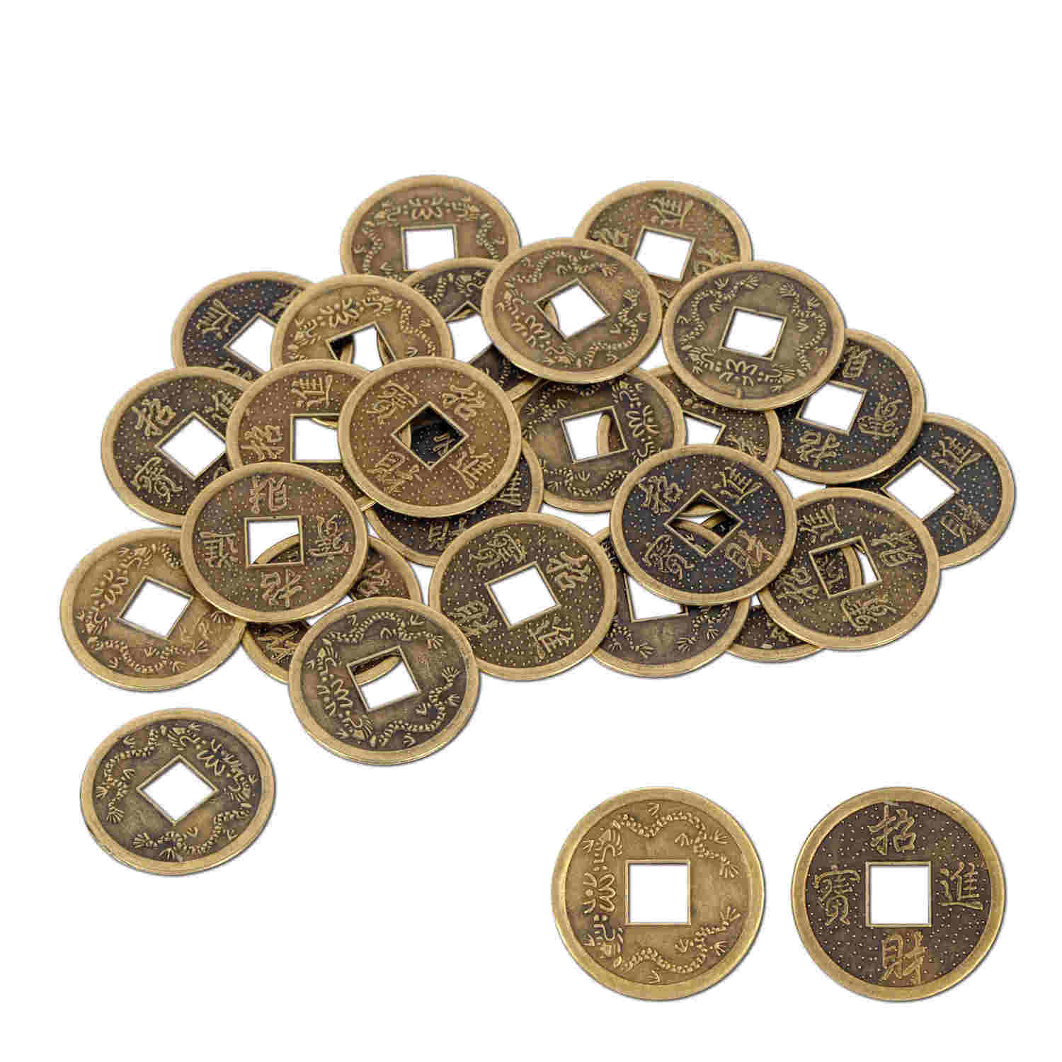 gold coins with a square hole in the middle with Chinese writing on them