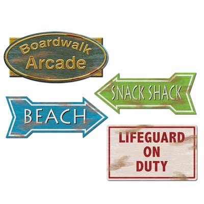 Beach Sign Cutouts stating "Boardwalk Arcade", "Beach", "Snack Shake", and "Lifeguard on Duty".