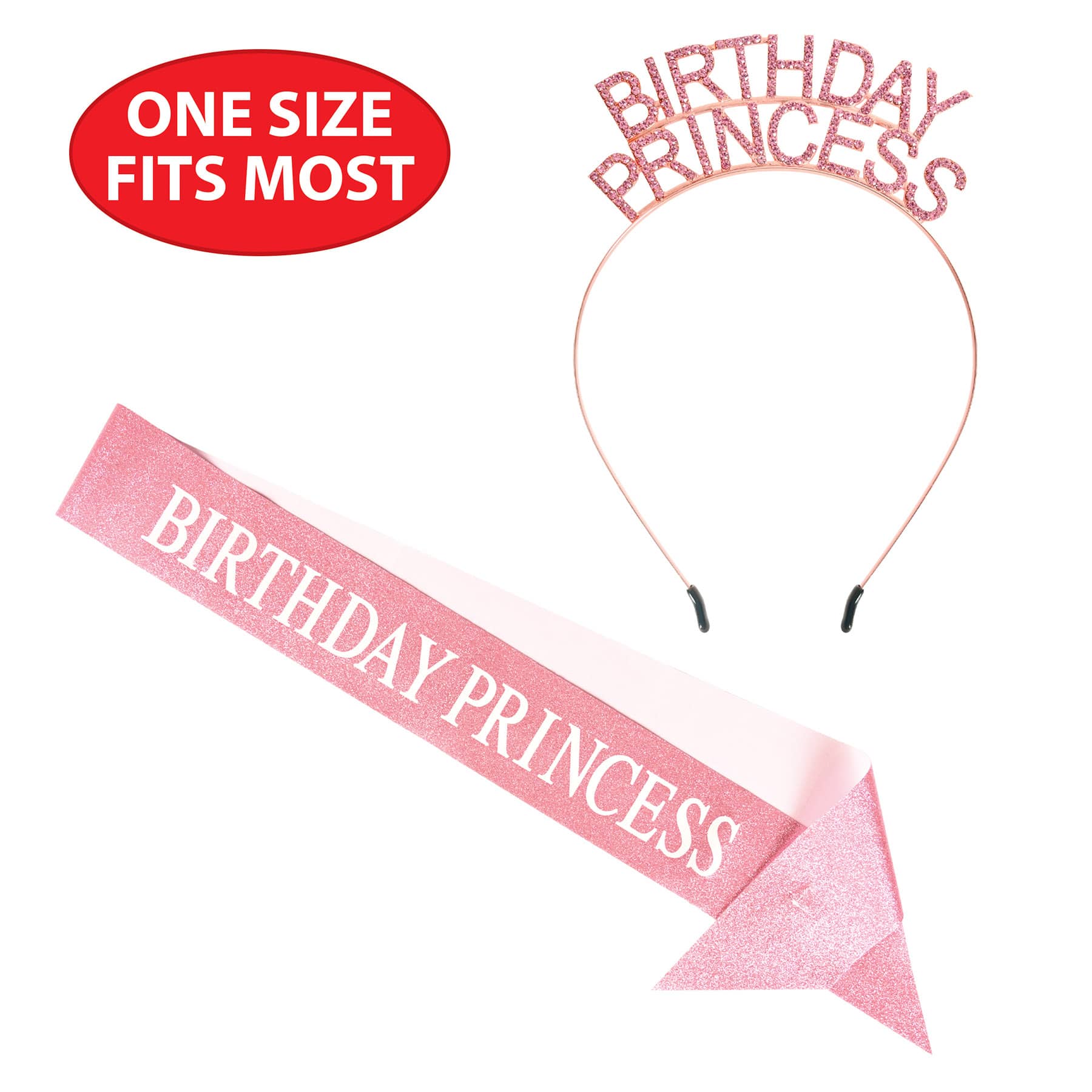 Birthday Princess Rhinestone Headband & Glittered Sash Set