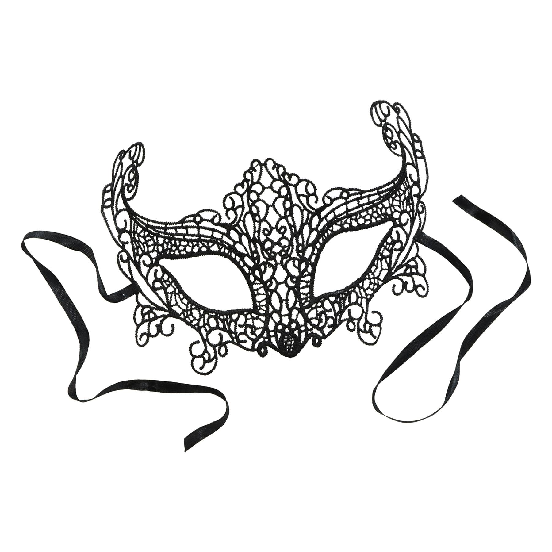 Black lace mask with black ribbon attached. 