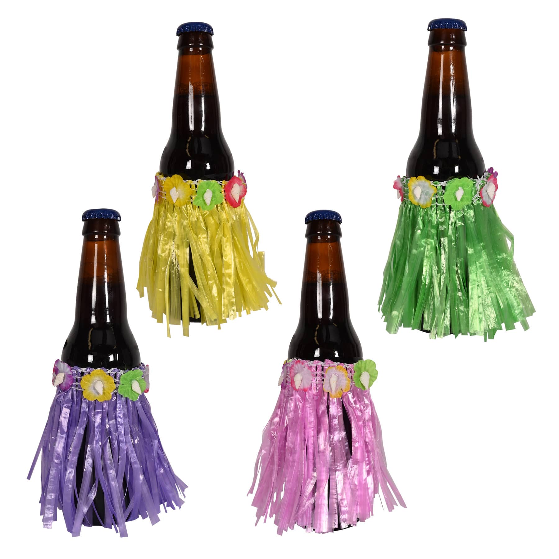 Beer bottle hula shirts made of plastic material in green, pink, purple and yellow including flowers.