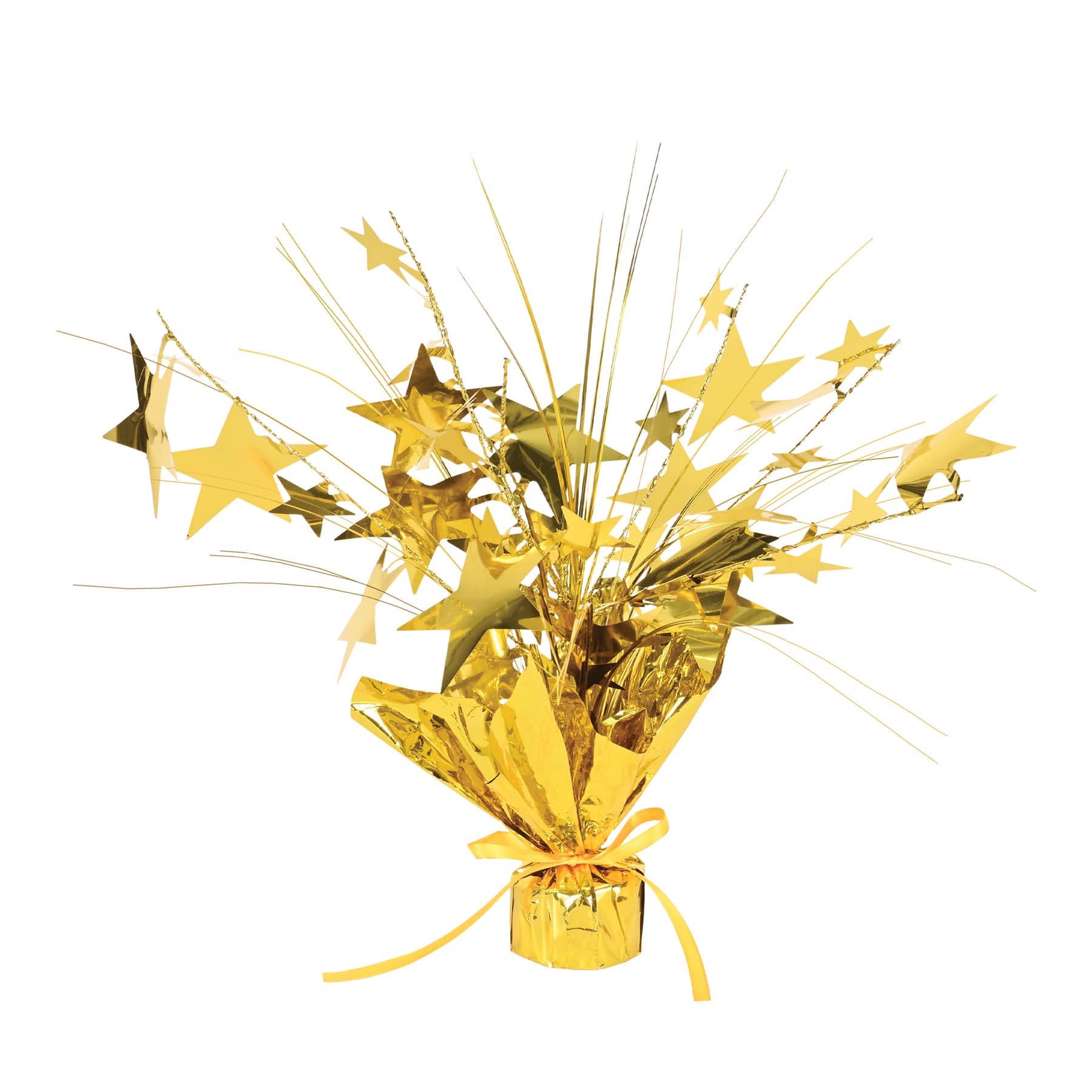 Weighed down gold centerpiece with cascading metallic strands and wired stars.