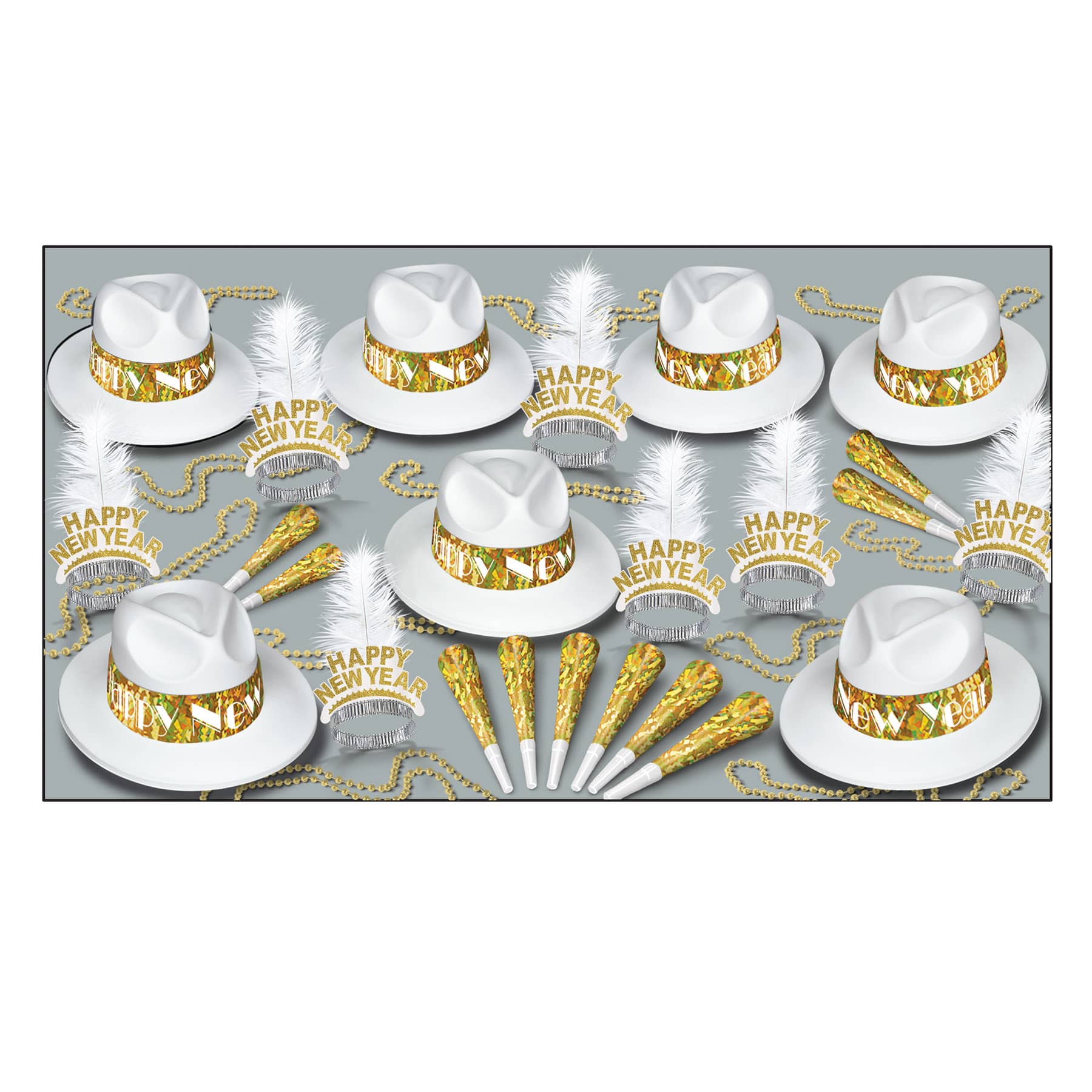 white and gold nye party kit with fedora hats and feathered tiaras