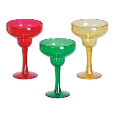 Red, green and gold plastic margarita shot glasses.