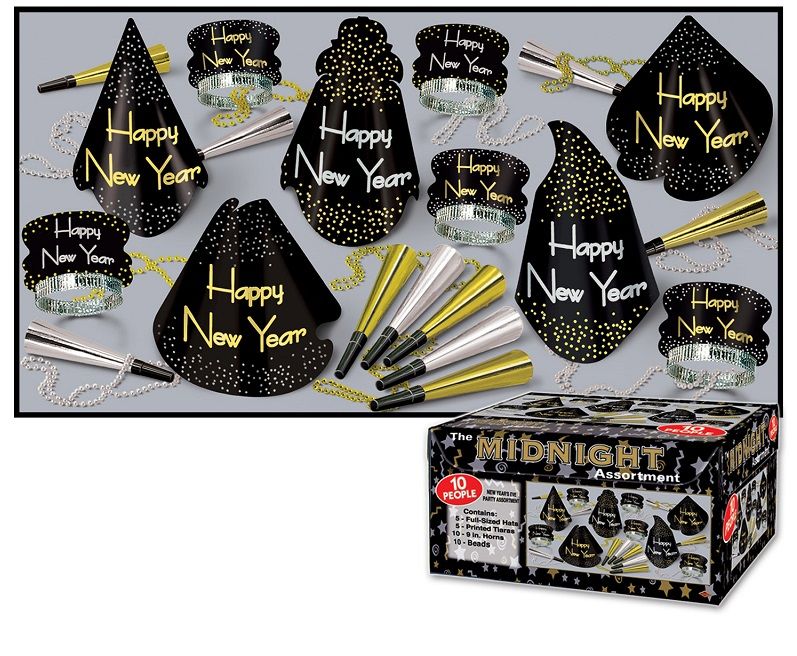 Midnight Asst for 10 Midnight Assortment, new years eve, black gold and silver, party favor, hat, tiara, horn, beads, wholesale, inexpensive, bulk