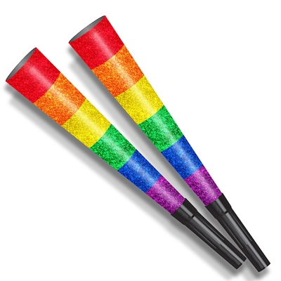 Prismatic material horn printed in rainbow colors with a plastic black tip.