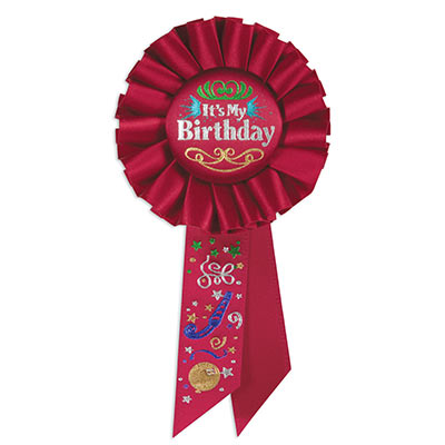 Its My Birthday Red Rosette with multi colored metallic lettering and designs 