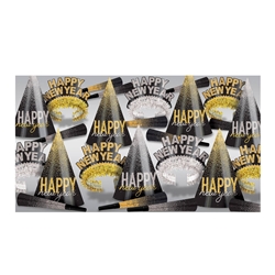 Silver & Gold Midnight Burst Asst for 50 New Year’s Eve party kit, Silver & Gold Midnight Burst, party favors for 50, New Year’s celebration, silver plastic fedoras, glittered plumed tiaras, foil horns, metallic noisemakers, party beads, elegant party supplies.