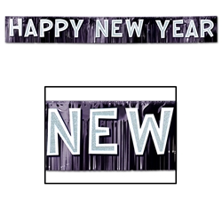 Black metallic fringed banner with glitted white cardstock, happy new year, lettering.