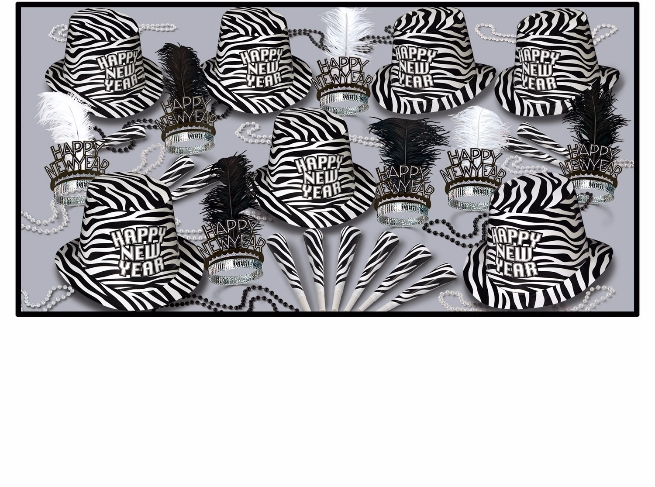 Zebra themed new years eve party kit with black and white stripes