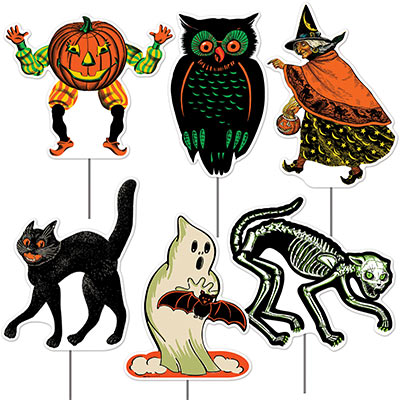 Plastic Vintage Halloween Yard Signs (Pack of 36) Plastic Vintage Halloween Yard Signs, halloween, yard signs, vintage, decoration, witch, jack-o-lantern, black cat, owl, ghost, wholesale, inexpensive, bulk