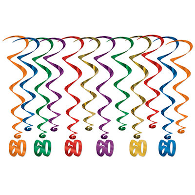 Assorted colored metallic whirls with matching "60" icon attached.