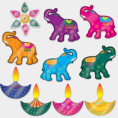 Foil Diwali Cutouts (Pack of 120) Foil Diwali Cutouts, Diwali, cutouts, elephant, lamps, wholesale, inexpensive, bulk, decoration
