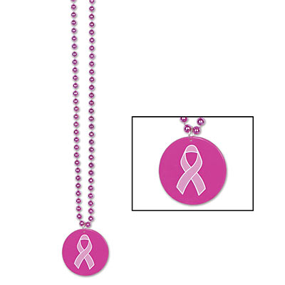 Beads w/Printed Pink Ribbon Medallion (Pack of 12) 