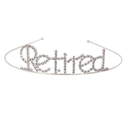 Rhinestone tiara in silver stating "Retired".