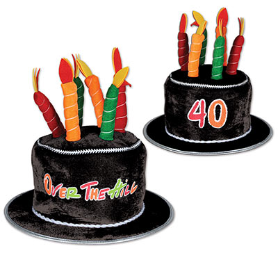 Plush black hat with plush candles attached to the top with wording of "40" and "Over the Hill".