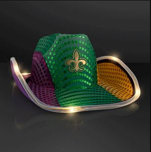 Light Up Mardi Gras Cowboy Hat. This Light Up Mardi Gras Cowboy Hat will jazz up your outfit for the Mardi Gras party.