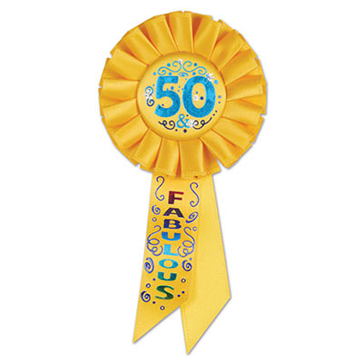 50 & Fabulous Yellow Rosette with multi colored lettering and swirling designs 